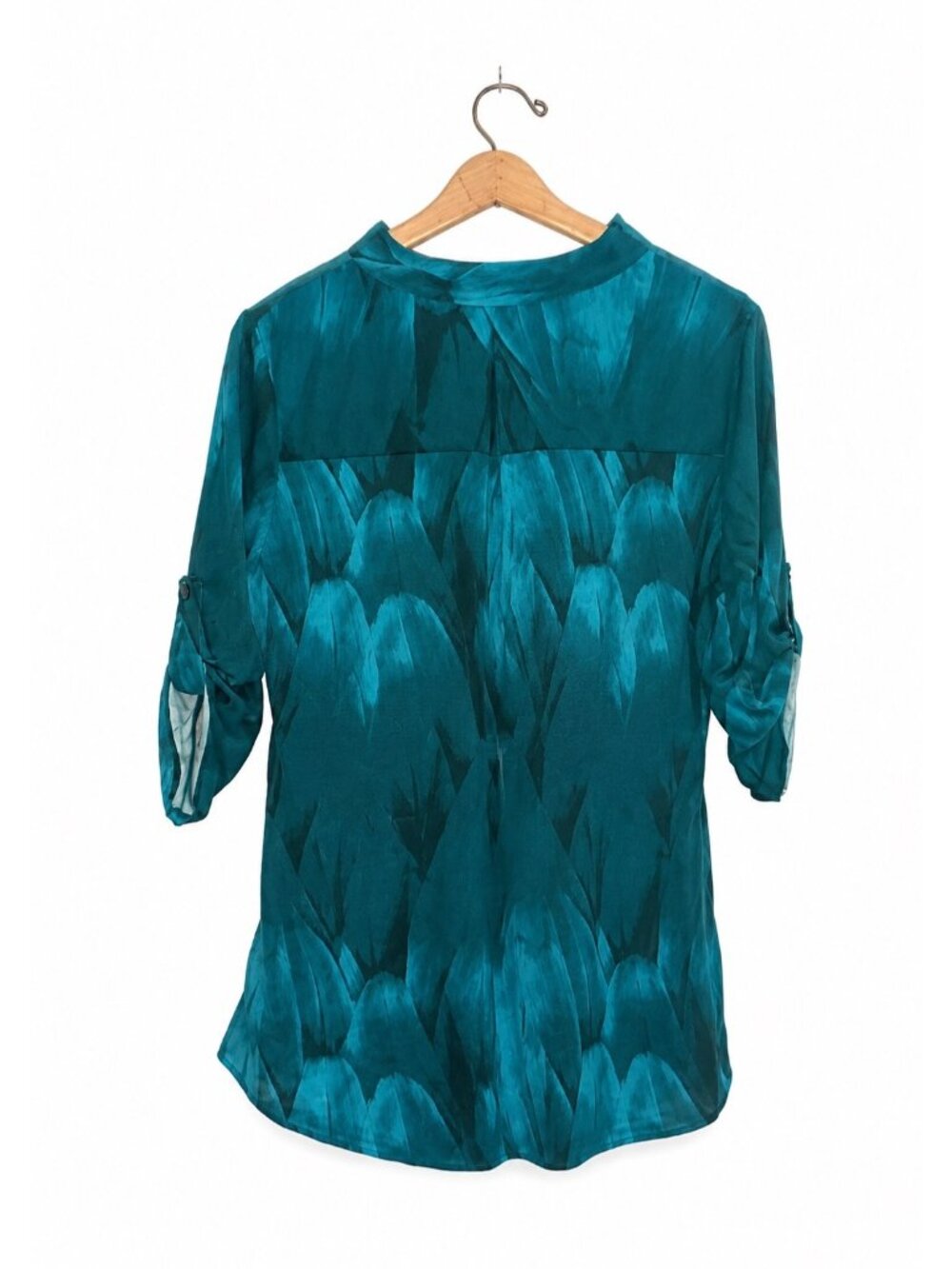 Teal Feather Print Womens Blouse With Zippered Front And Roll-Up Sleeves By Dept - Picture 3 of 3